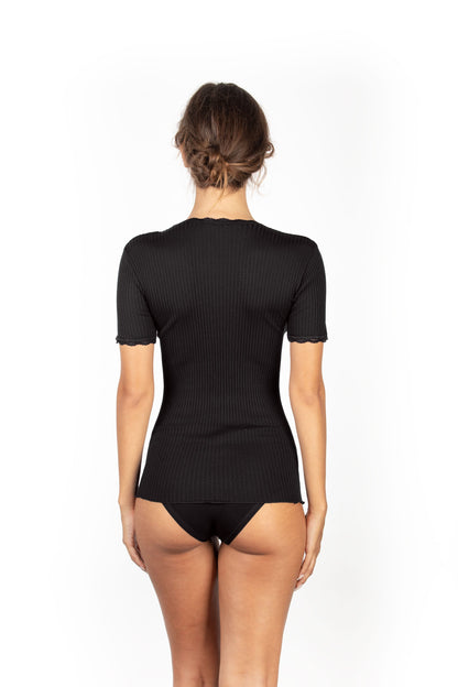 EGI Exclusive Collections Women's Merino Wool Blend Lace-Trimmed Short Sleeves T-Shirt. Proudly Made in Italy (306)