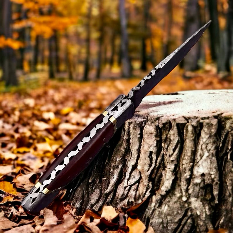 Small Bushcraft Knife – 9" Damascus Steel Blade with Rosewood Handle & Leather Sheath