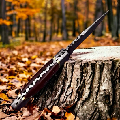 Small Bushcraft Knife – 9" Damascus Steel Blade with Rosewood Handle & Leather Sheath