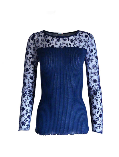 EGI Exclusive Collections Merino Wool Blend Top with Tulle Trim. Proudly Made in Italy.