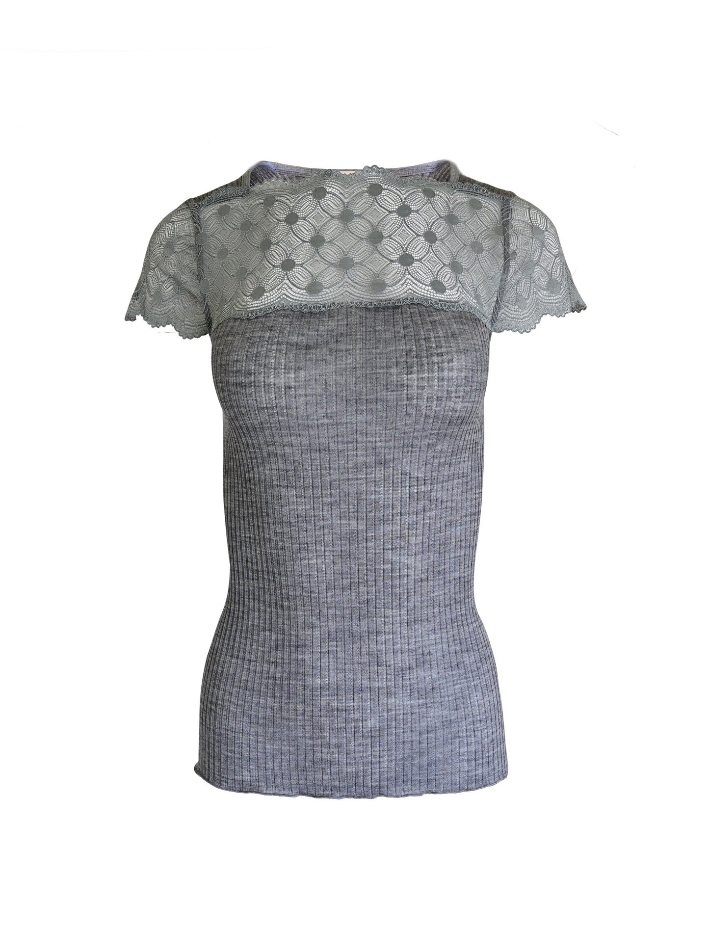 EGI Exclusive Merino Wool Blend Top Lace Trim Short Sleeves. Proudly Made in Italy.