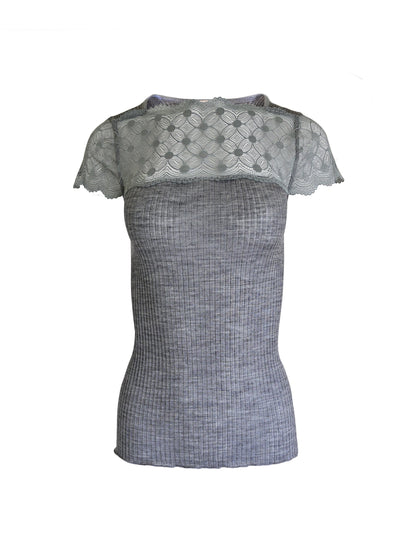 EGI Exclusive Merino Wool Blend Top Lace Trim Short Sleeves. Proudly Made in Italy.
