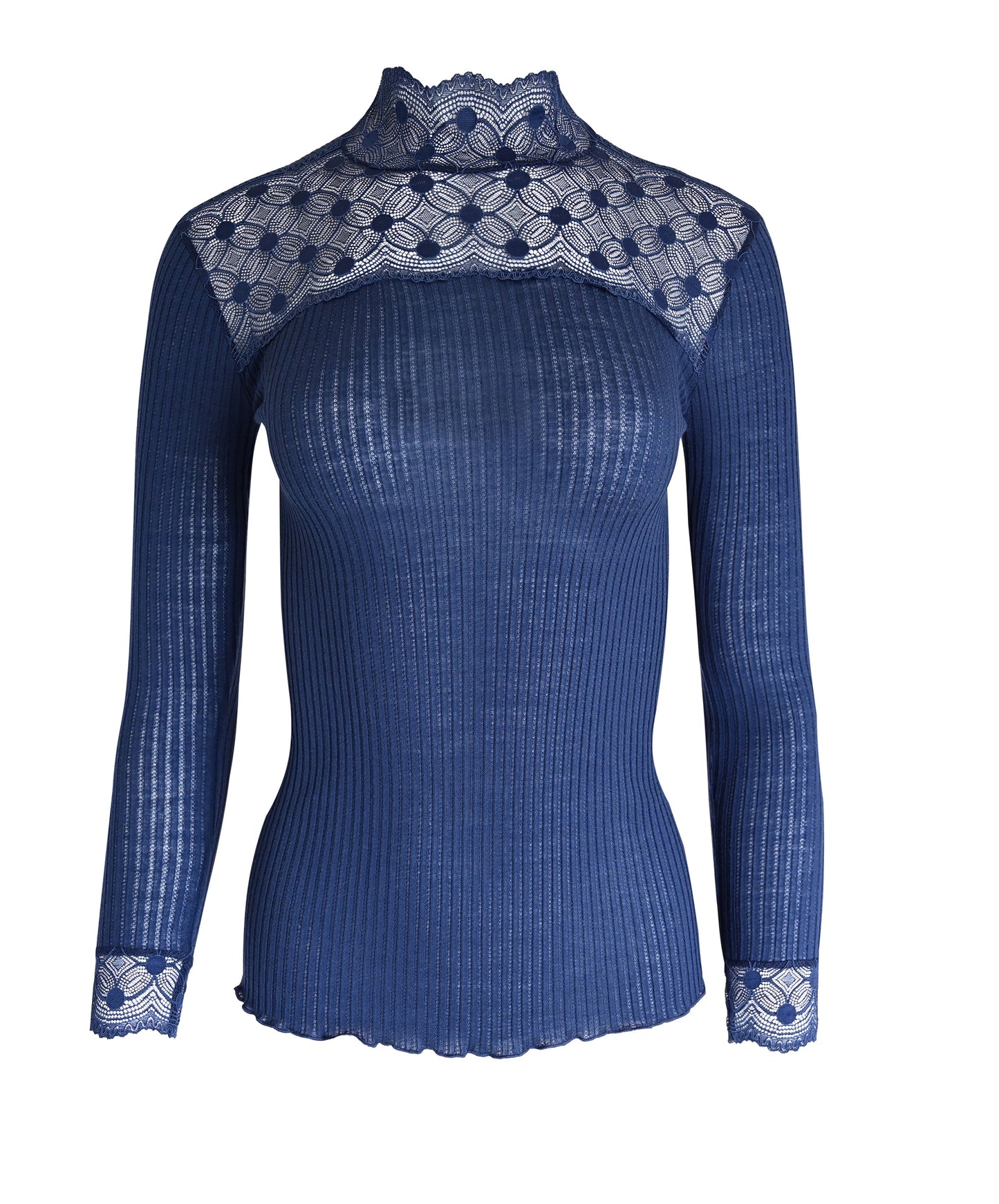 EGI Exclusive Merino Wool Blend Top Mock Neck Lace Trim Long Sleeves. Proudly Made in Italy.