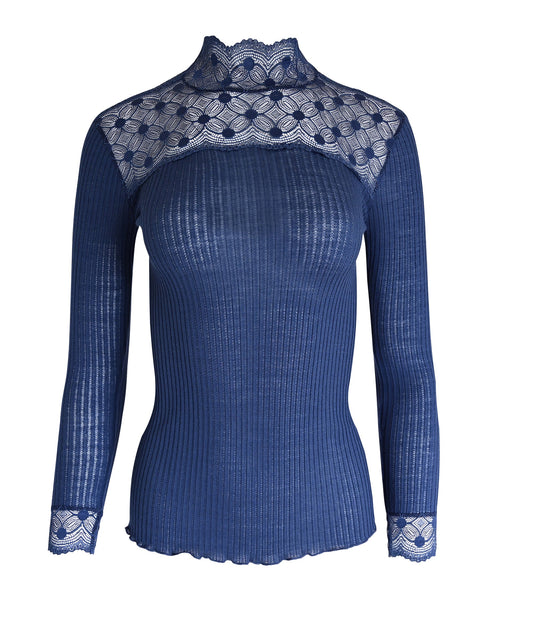 EGI Exclusive Merino Wool Blend Top Mock Neck Lace Trim Long Sleeves. Proudly Made in Italy.