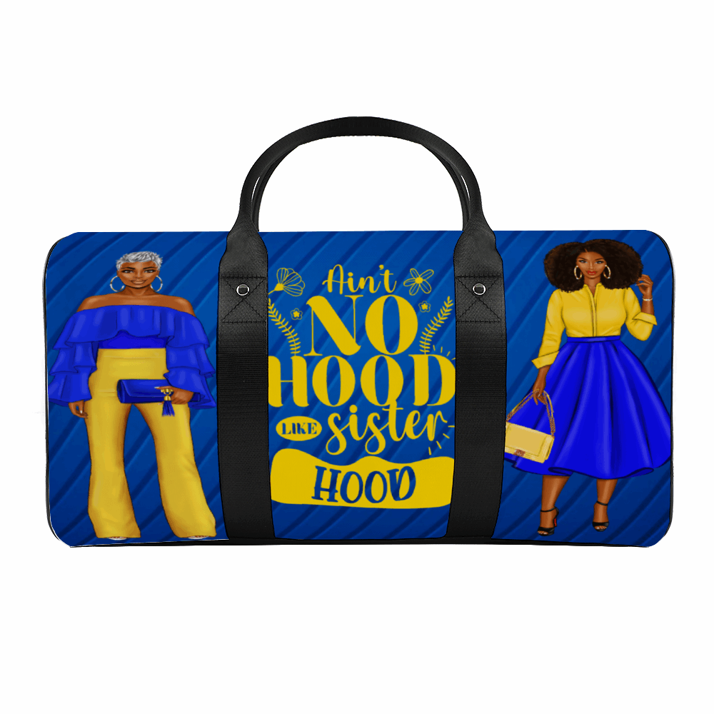 Blue and Gold Aint No Hood Like Sisterhood Large Bag, Luggage, Travel, Gym, Travel Tote