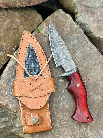 Hunting Skinning Knife – 10" Damascus Steel Blade with Pakkawood Handle & Leather Sheath