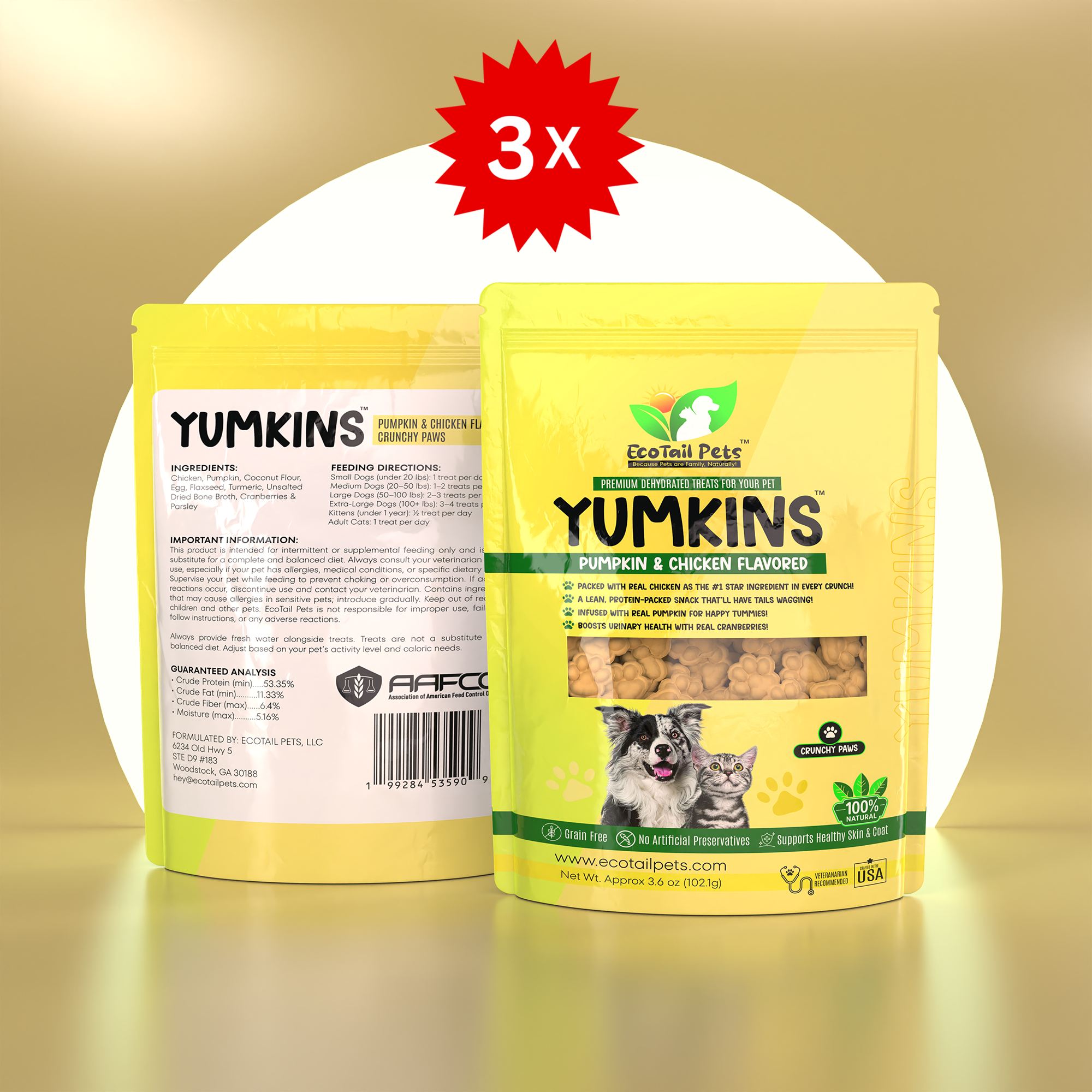 𝗦𝗨𝗕𝗦𝗖𝗥𝗜𝗣𝗧𝗜𝗢𝗡 • Yumkins™: 3 x (3.6oz) Pumpkin & Chicken Flavored Paws – Bundle