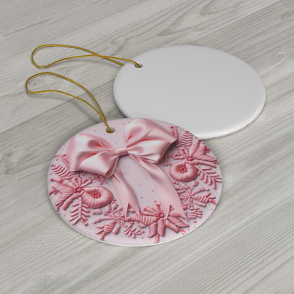 3D Embroidered Pink Christmas Bow Ceramic Ornament