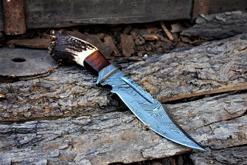 Custom Handmade 13" Damascus Bowie Knife – Stag Crown & Rosewood Handle with Leather Sheath