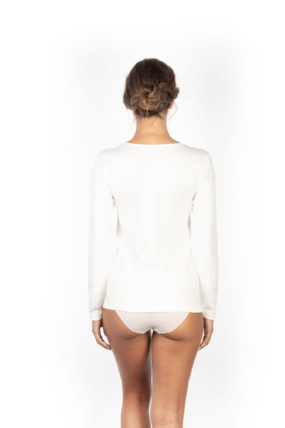 MaRe Cotton Wool Blend Women Long-Sleeved T-Shirt with Macramé Lace. Proudly Made in Italy.