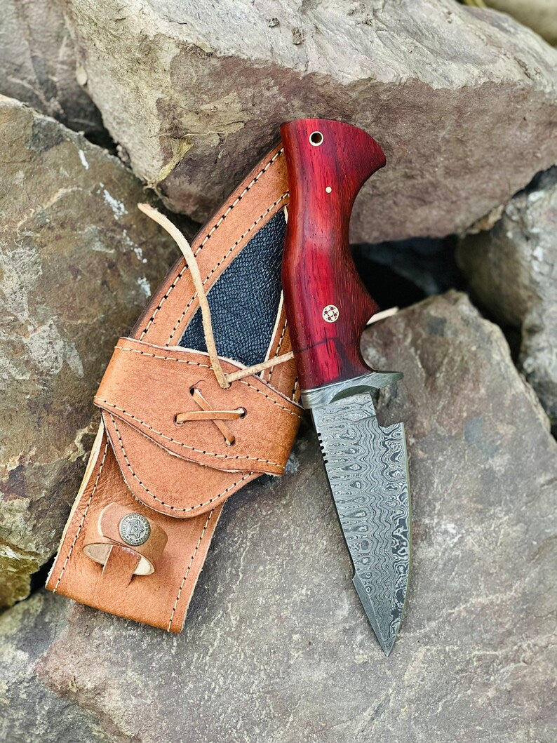 Hunting Skinning Knife – 10" Damascus Steel Blade with Pakkawood Handle & Leather Sheath