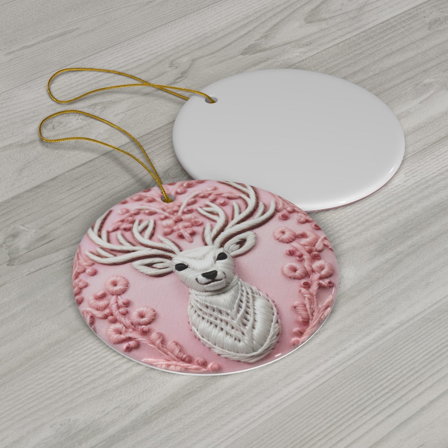 3D Embroidered Pink Christmas Deer #2 Ceramic Ornament