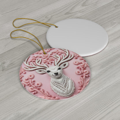 3D Embroidered Pink Christmas Deer #2 Ceramic Ornament
