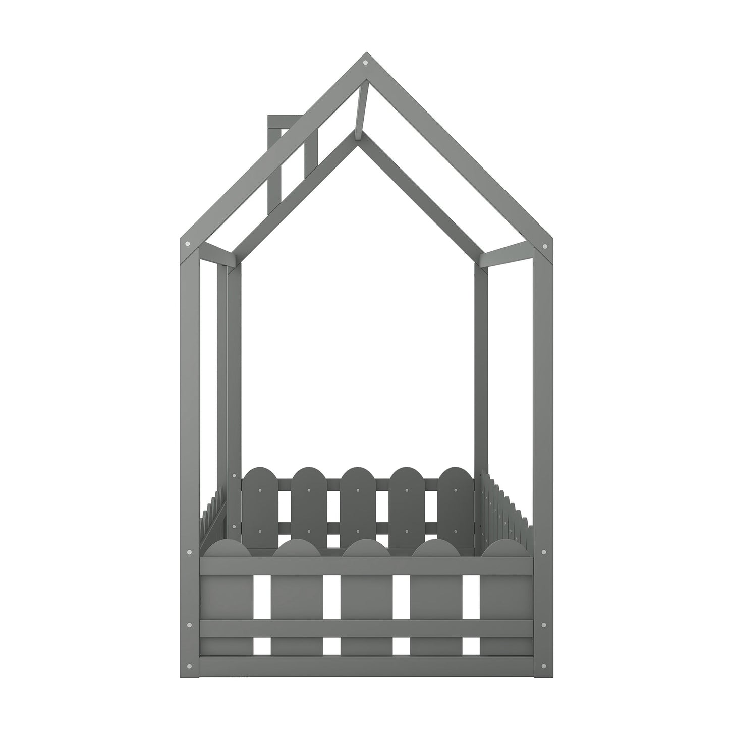 {Slats are not included}Twin Size Wood Bed House Bed Frame with Fence for Kids Teens Girls Boys {Gray}