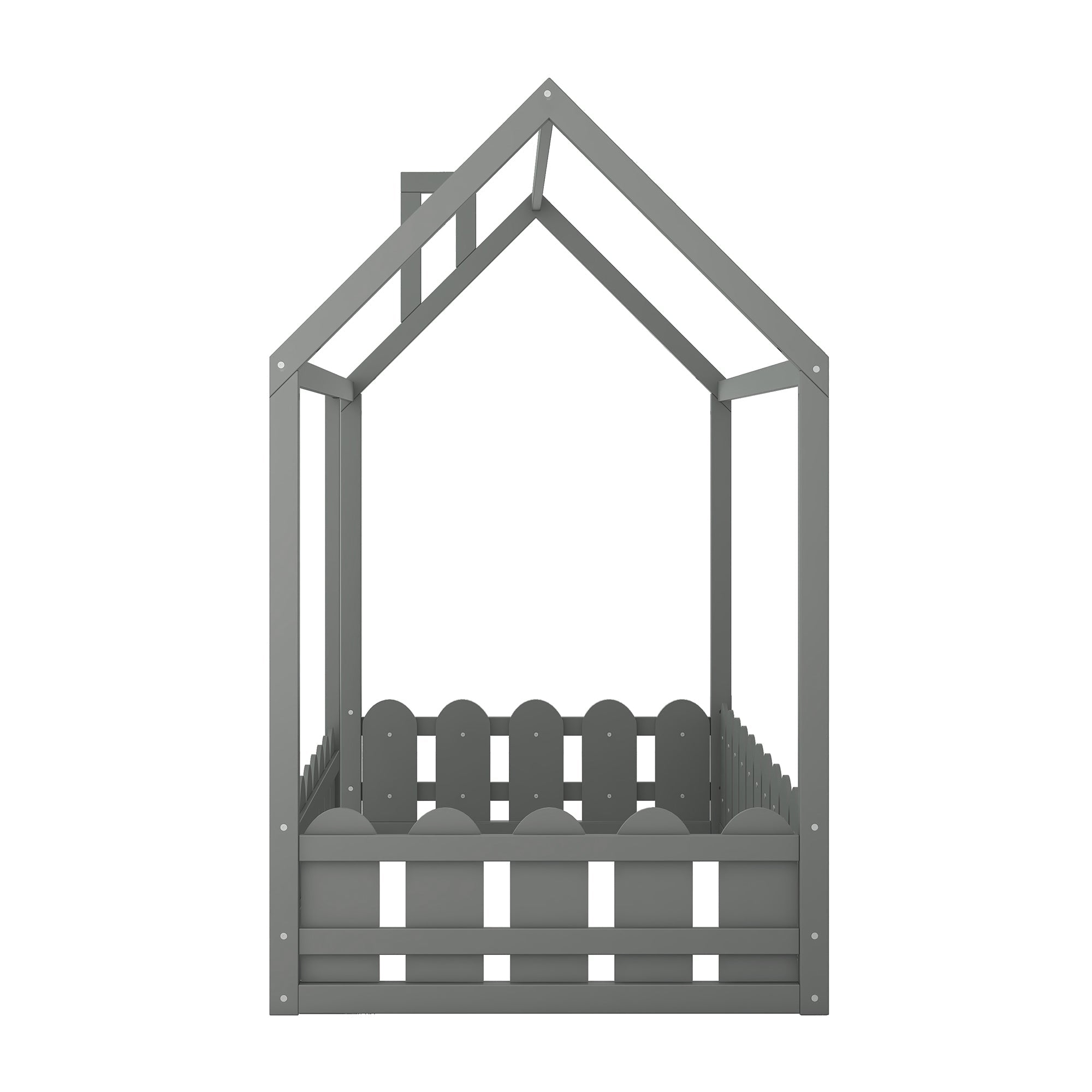 {Slats are not included}Twin Size Wood Bed House Bed Frame with Fence for Kids Teens Girls Boys {Gray}