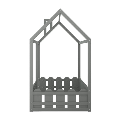 {Slats are not included}Twin Size Wood Bed House Bed Frame with Fence for Kids Teens Girls Boys {Gray}