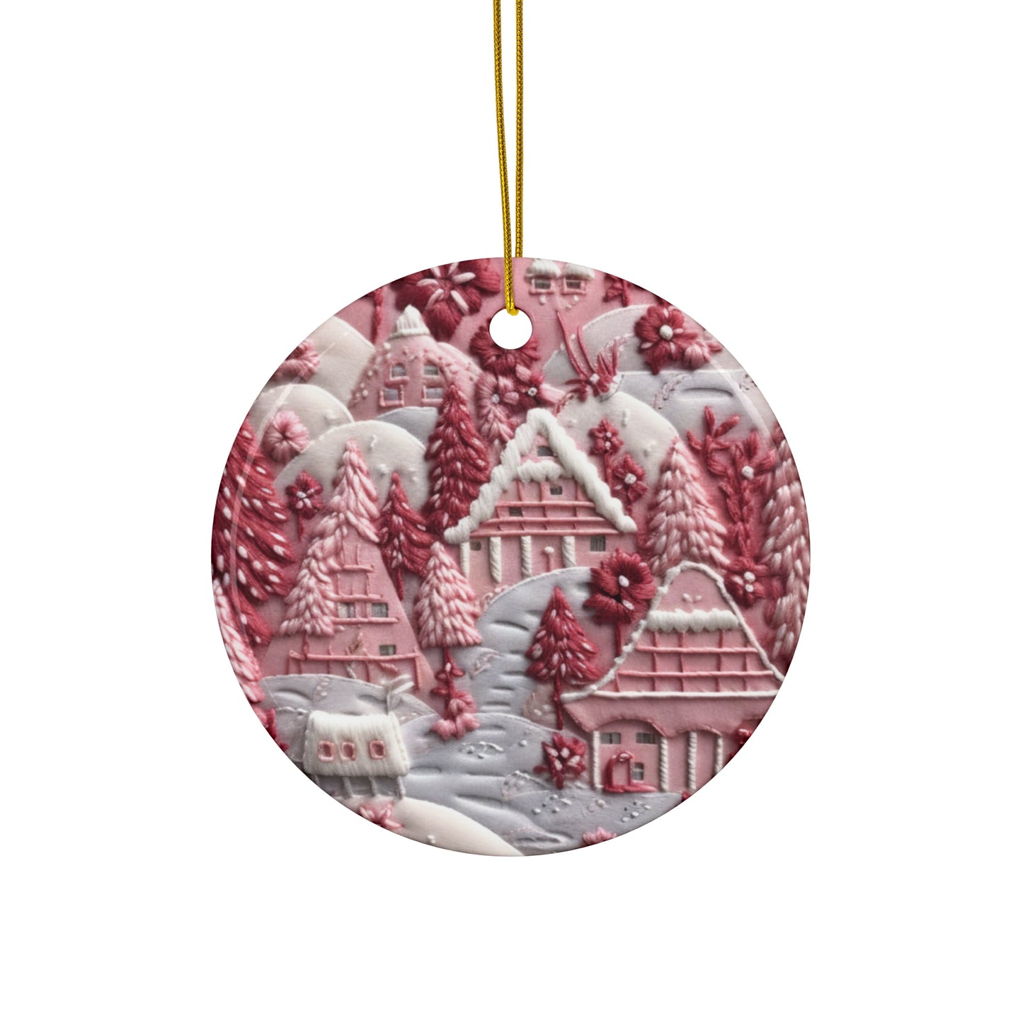 3D Embroidered Pink Christmas Landscape Ceramic Ornament