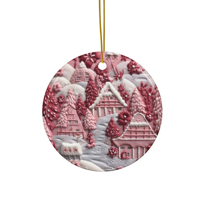 3D Embroidered Pink Christmas Landscape Ceramic Ornament