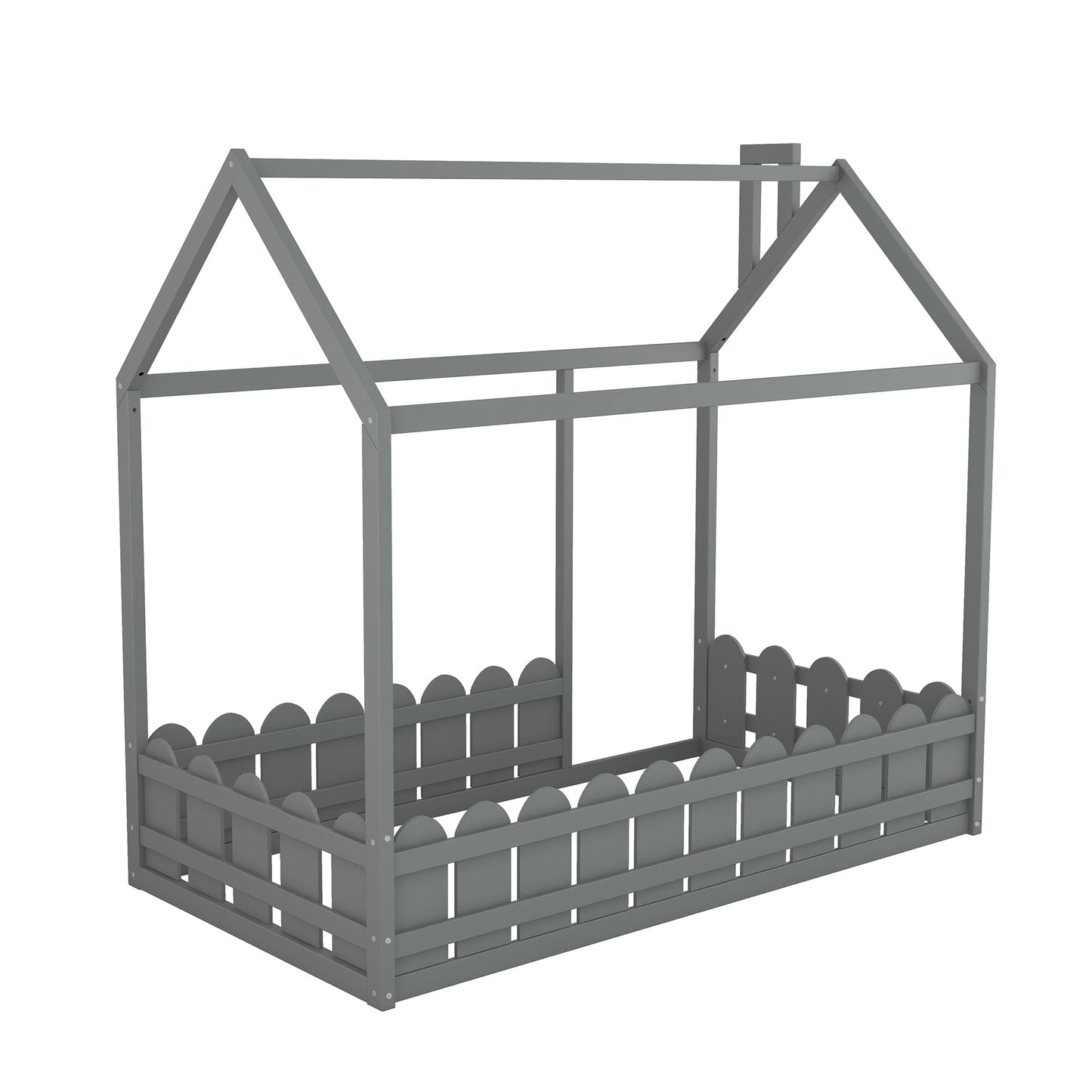 {Slats are not included}Twin Size Wood Bed House Bed Frame with Fence for Kids Teens Girls Boys {Gray}