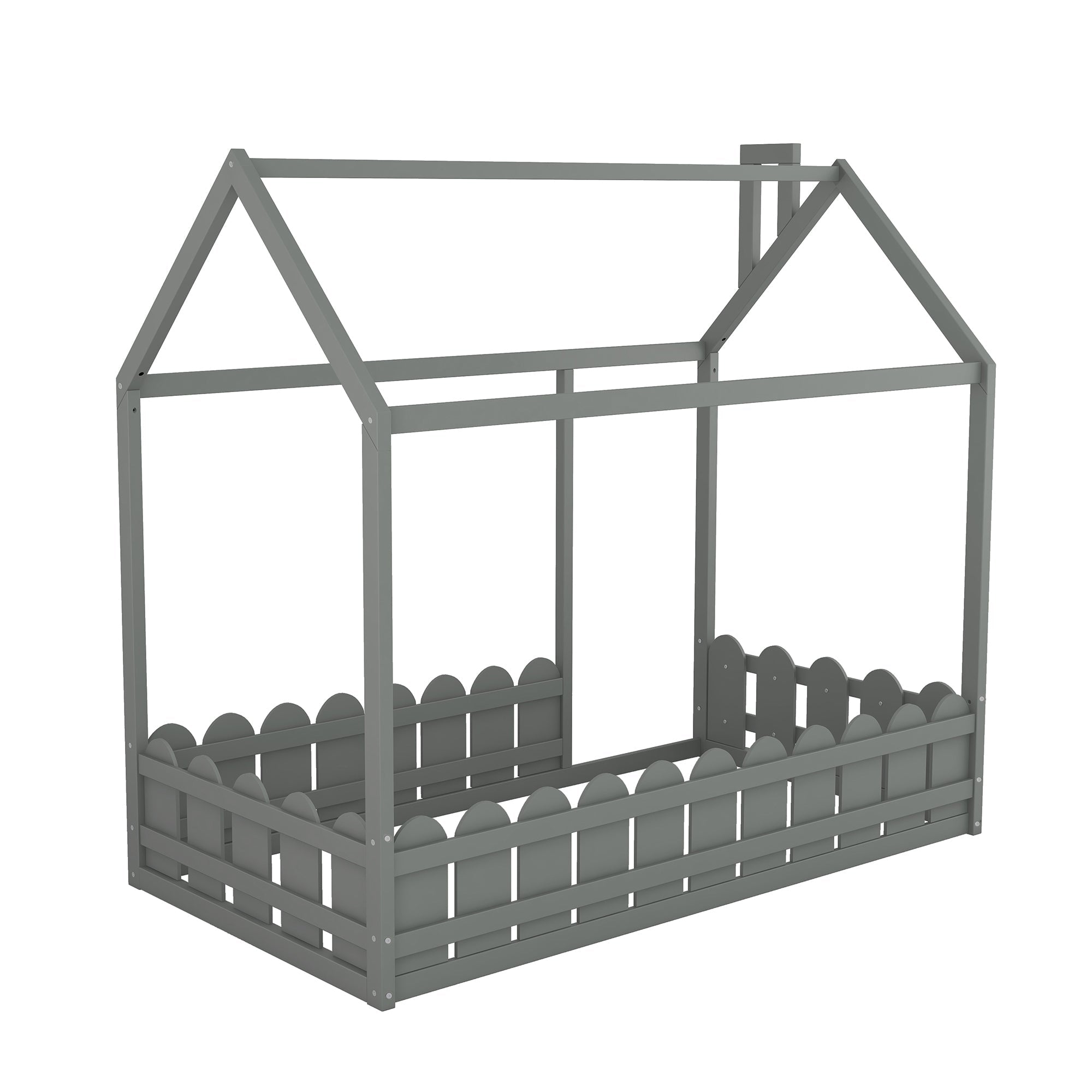 {Slats are not included}Twin Size Wood Bed House Bed Frame with Fence for Kids Teens Girls Boys {Gray}
