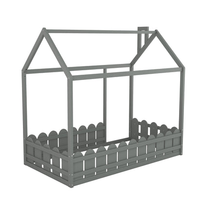 {Slats are not included}Twin Size Wood Bed House Bed Frame with Fence for Kids Teens Girls Boys {Gray}