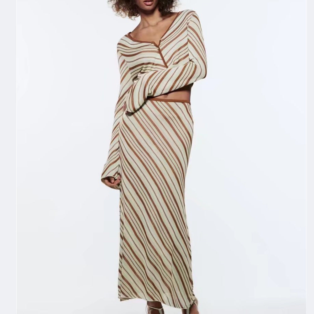 Spring/Summer Women's Striped Knit Top High Waist Skirt Suit