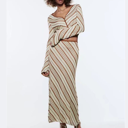 Spring/Summer Women's Striped Knit Top High Waist Skirt Suit