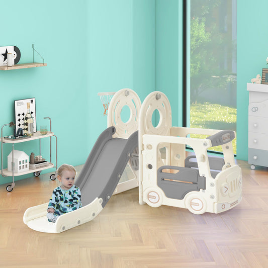 Kids Slide with Bus Play Structure Freestanding Bus Toy with Slide for Toddlers Bus Slide Set with Basketball Hoop