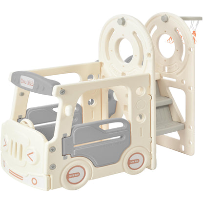 Kids Slide with Bus Play Structure Freestanding Bus Toy with Slide for Toddlers Bus Slide Set with Basketball Hoop