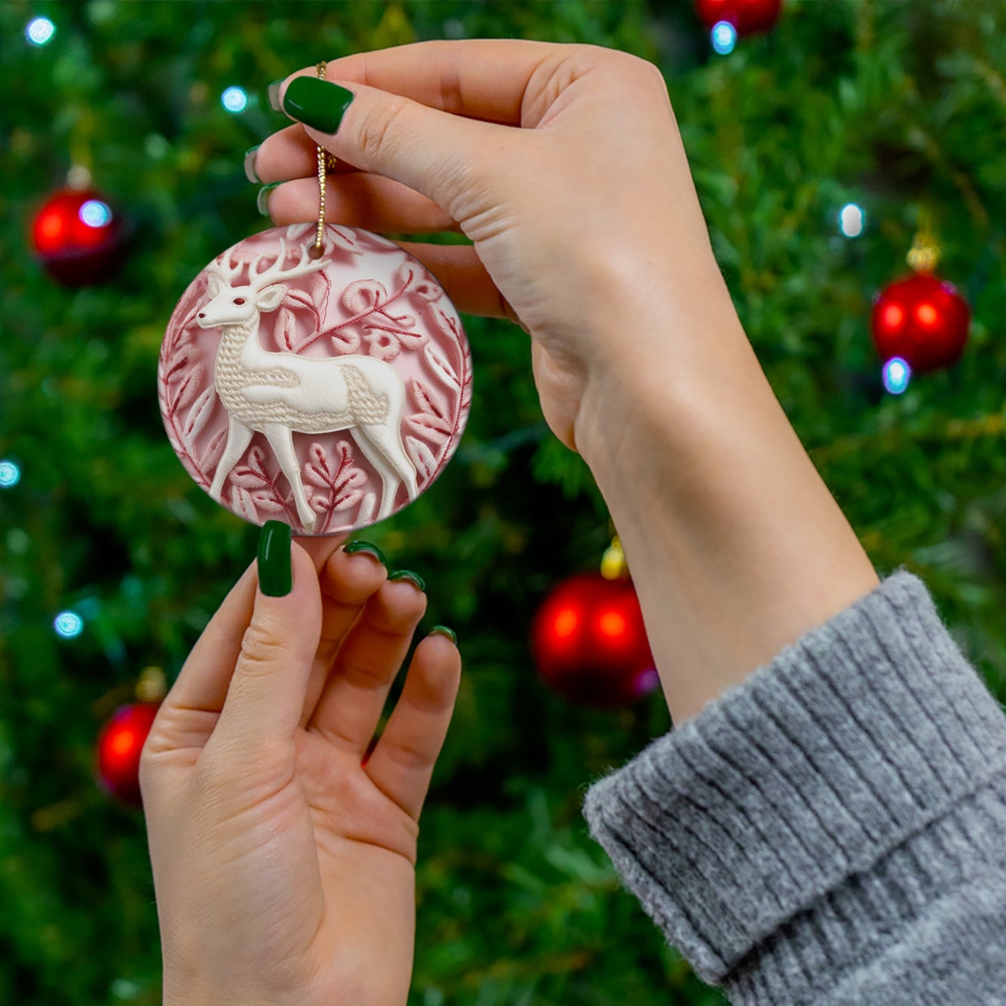 3D Embroidered Pink Christmas Deer #1 Ceramic Ornament