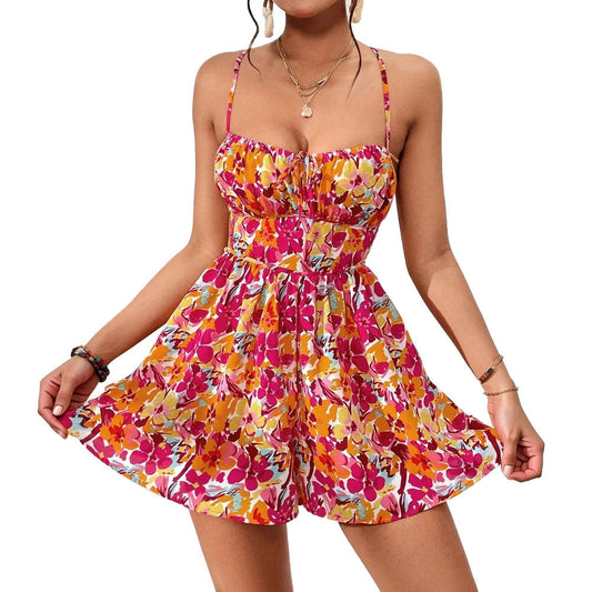 Women's holiday style dress spring and summer new floral short skirt