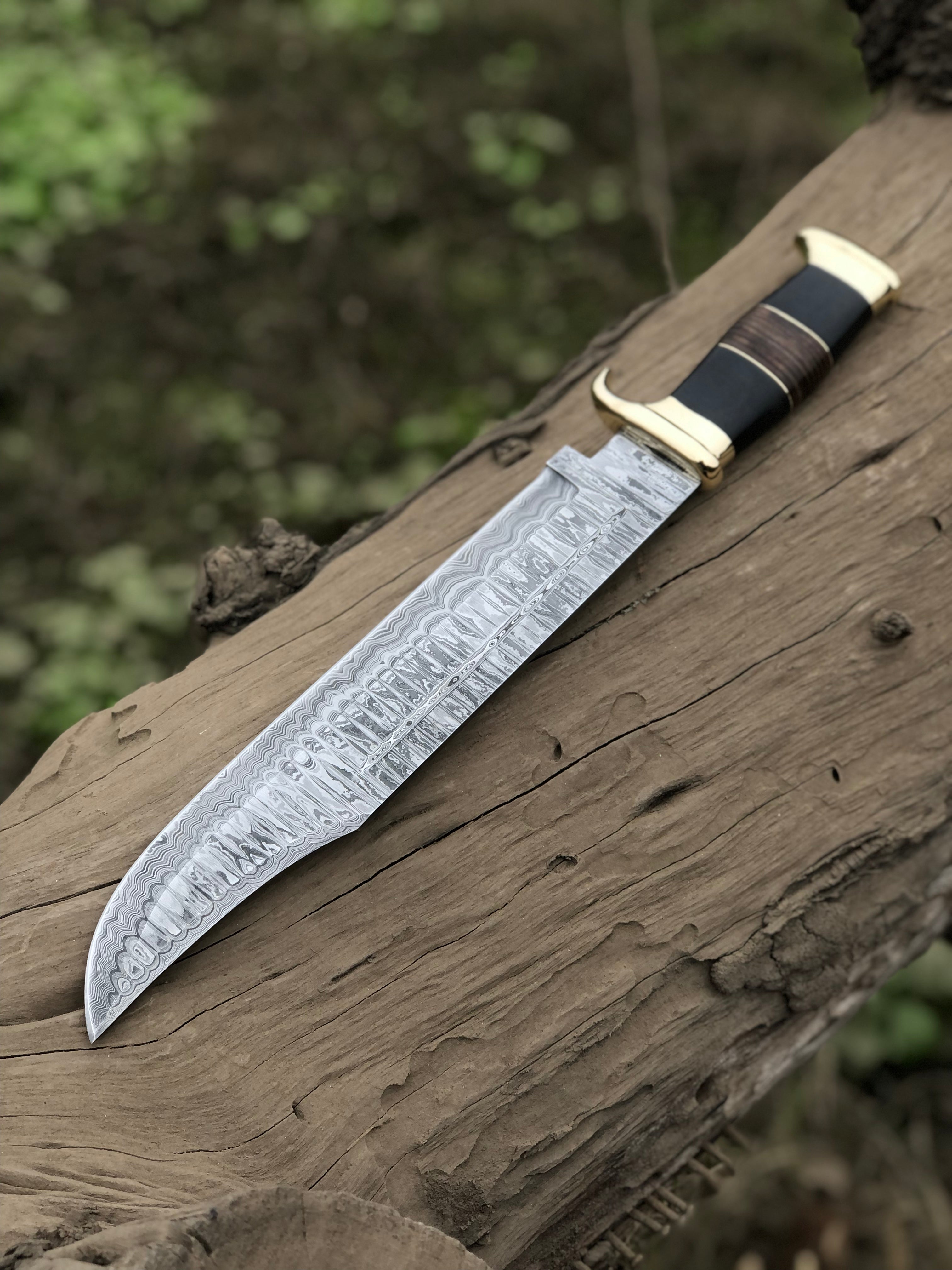 Authentic Crocodile Dundee Knife – 16” Handmade Damascus Steel Blade with Buffalo Horn or Leather Handle & Brass Guard + Leather Sheath