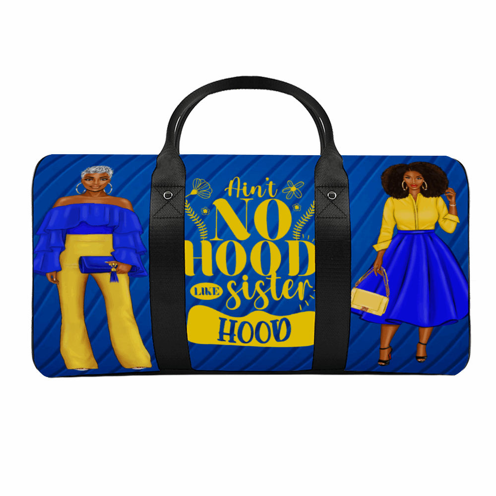 Blue and Gold Aint No Hood Like Sisterhood Large Bag, Luggage, Travel, Gym, Travel Tote