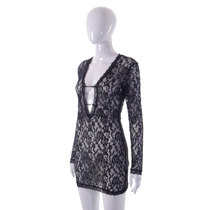 Spring Summer New Women Lace Spliced Sleepwear Sexy Perspective Dress