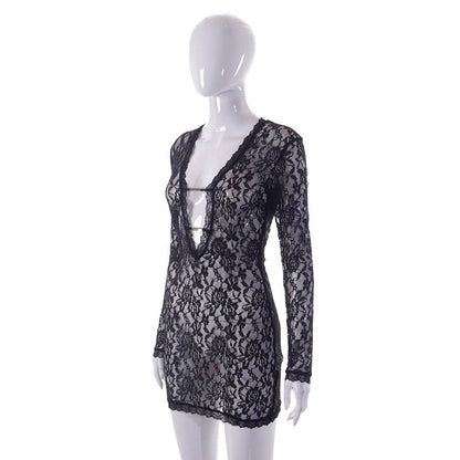 Spring Summer New Women Lace Spliced Sleepwear Sexy Perspective Dress