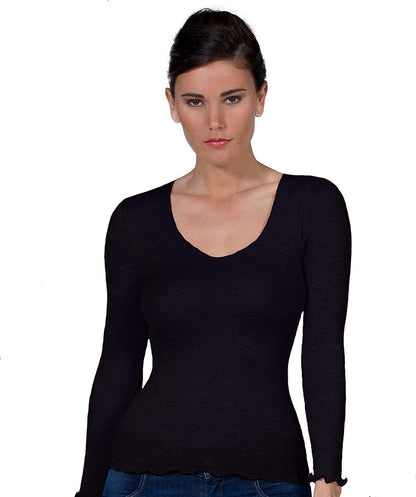EGI Luxury Wool Silk V-Neck Long Sleeve Top. Proudly Made in Italy (1493)