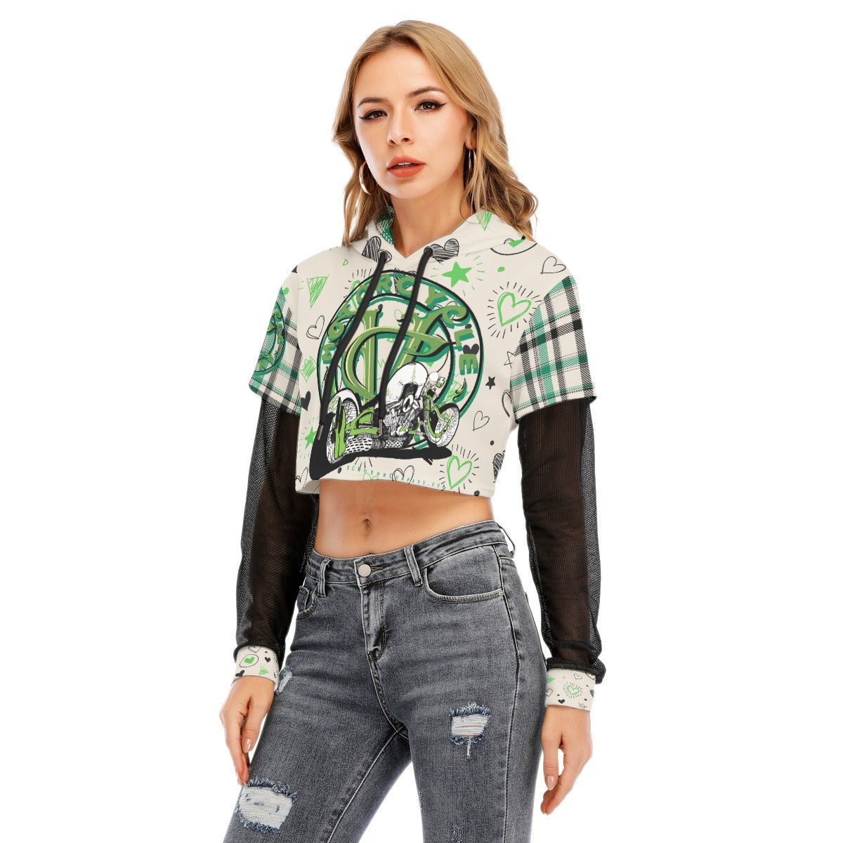 Rayne- One Bad Ass Bike - Girls Green Crop Top Motorcycle Hoodie