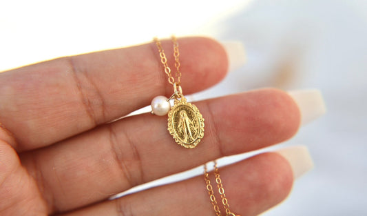 Intricate Miraculous Medal Necklace with Pearl