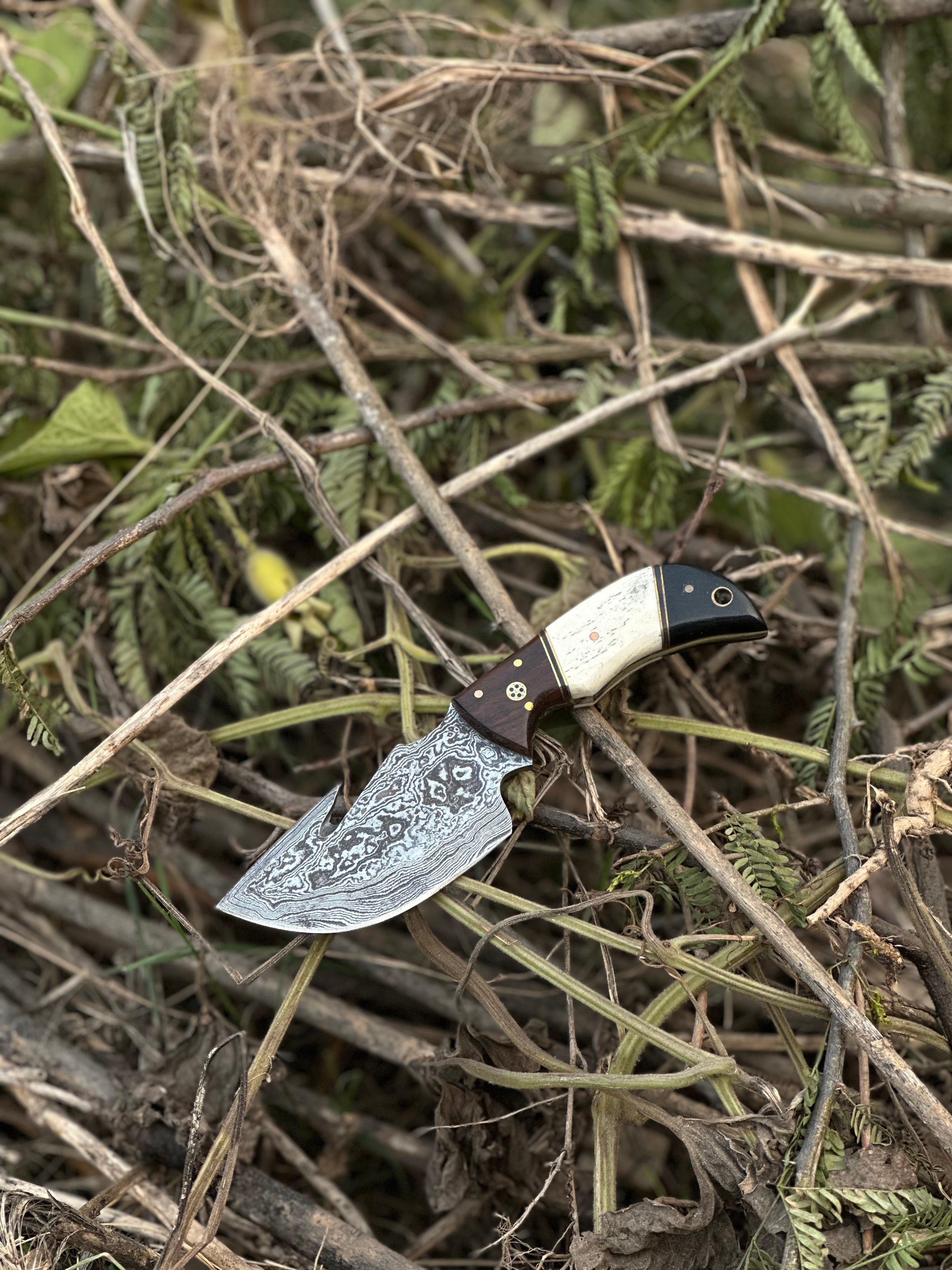 Custom Handmade Damascus Steel Guthook Skinning Knife with Rosewood, Camel Bone & Black Sheet Handle - 7.5” with Leather Sheath