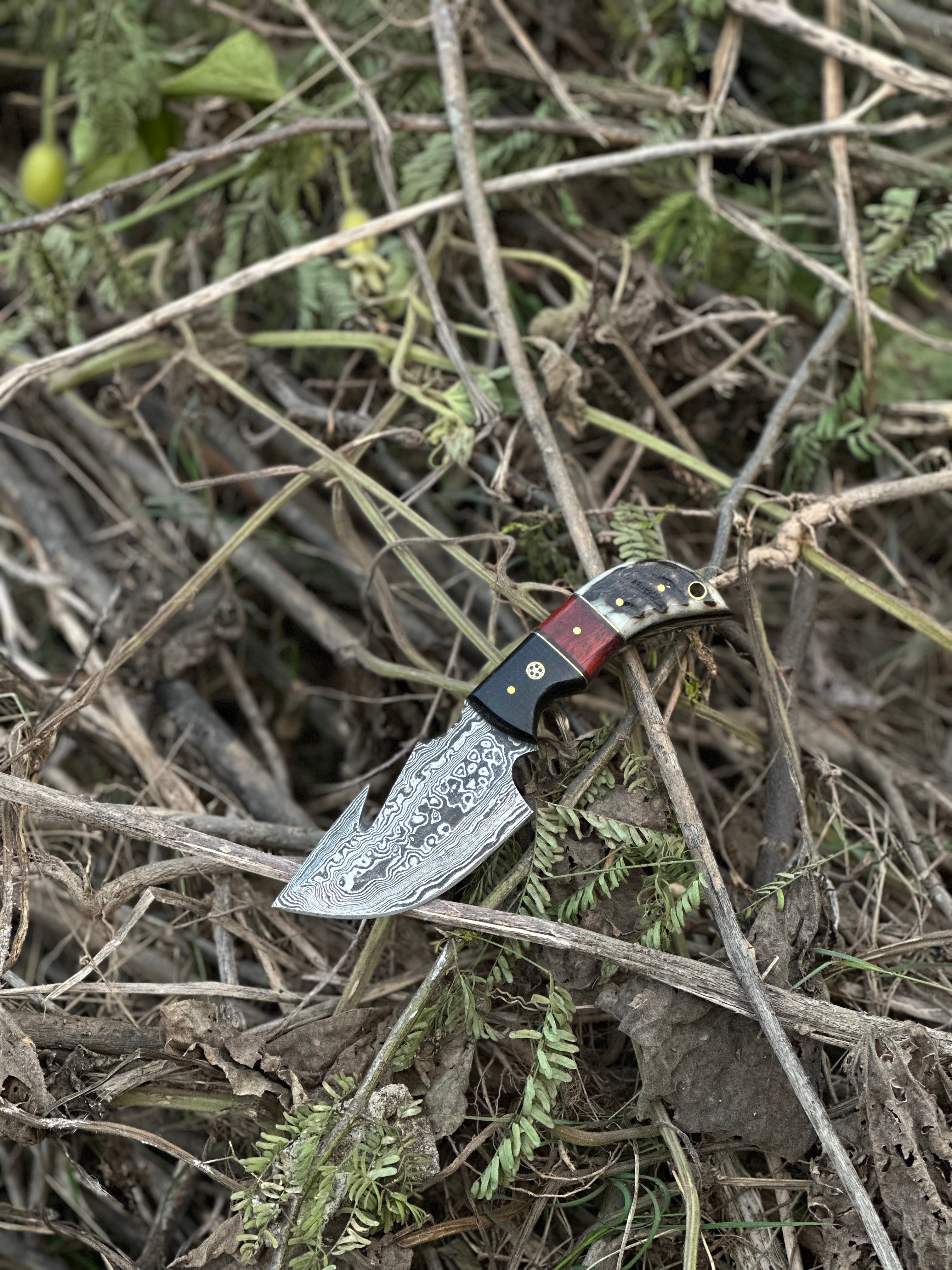 Premium Custom Handmade Damascus Steel Guthook Skinning Knife with Resin Handle - 7.5” Sharp Blade with Leather Sheath