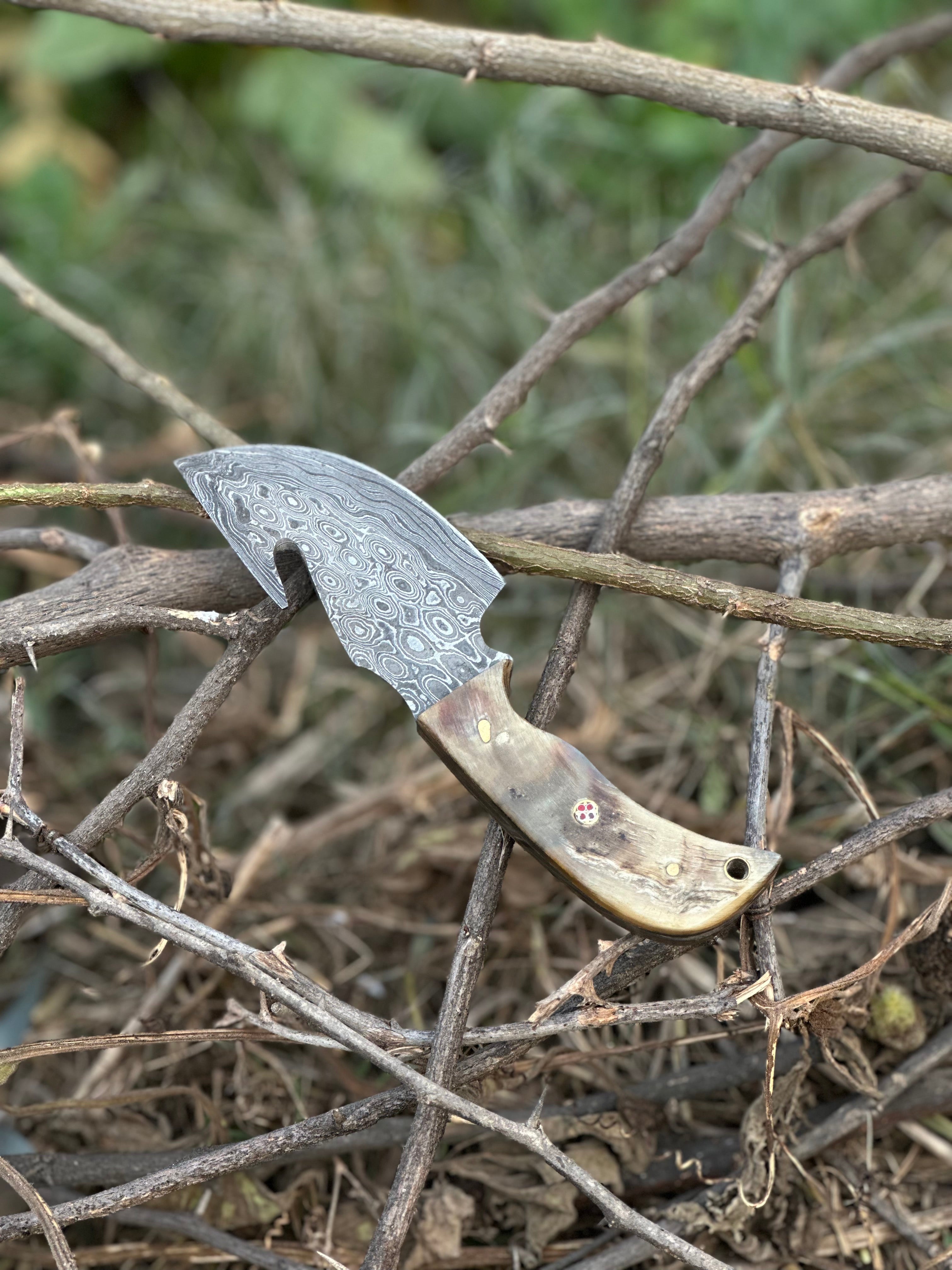 Custom Handmade Damascus Steel Guthook Skinning Knife with Sheep Horn Handle - 7.5” with Leather Sheath