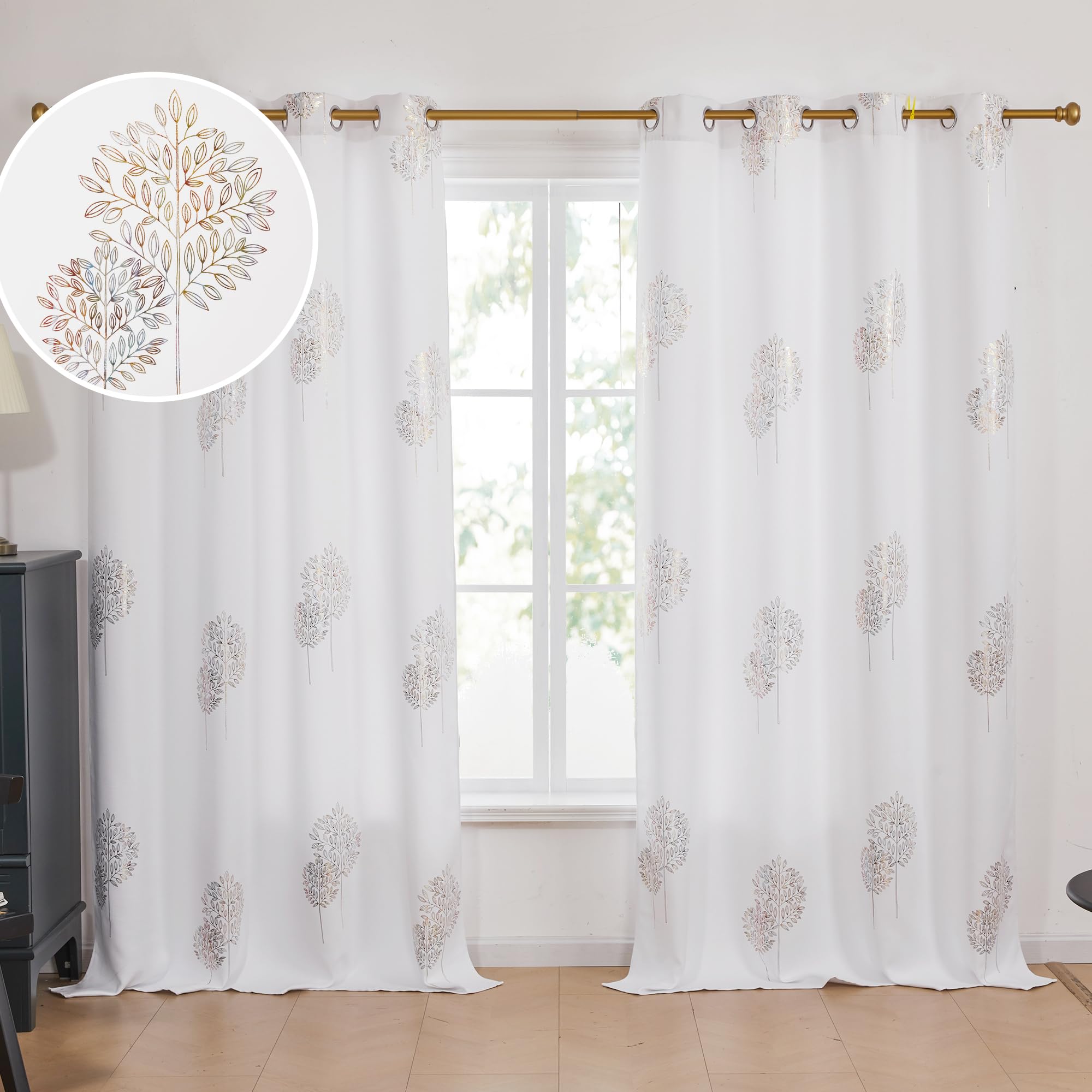 Room Darkening Curtains with Line Foil Print, Navy Blue, 2 Panels