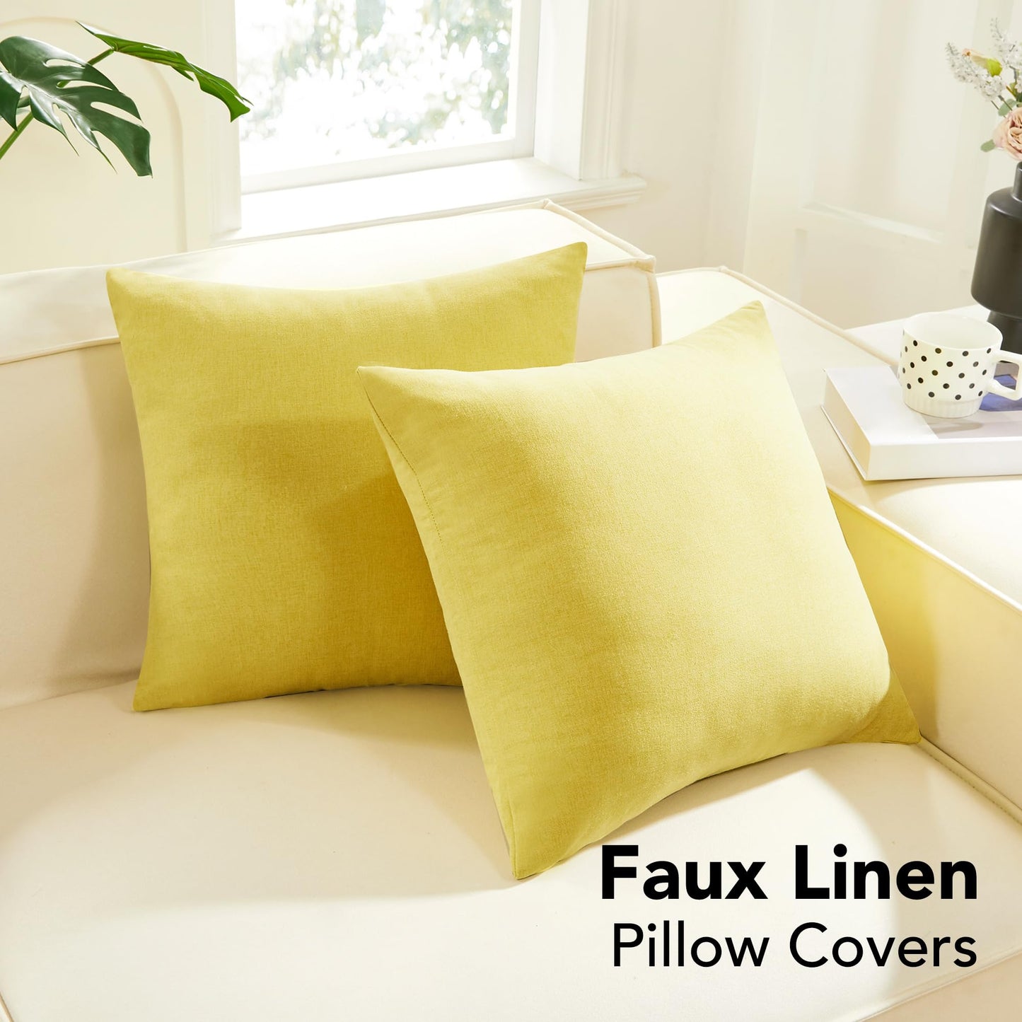 Faux Linen Pillow Covers, 16x16 Inch, Creamy White, 2PCS