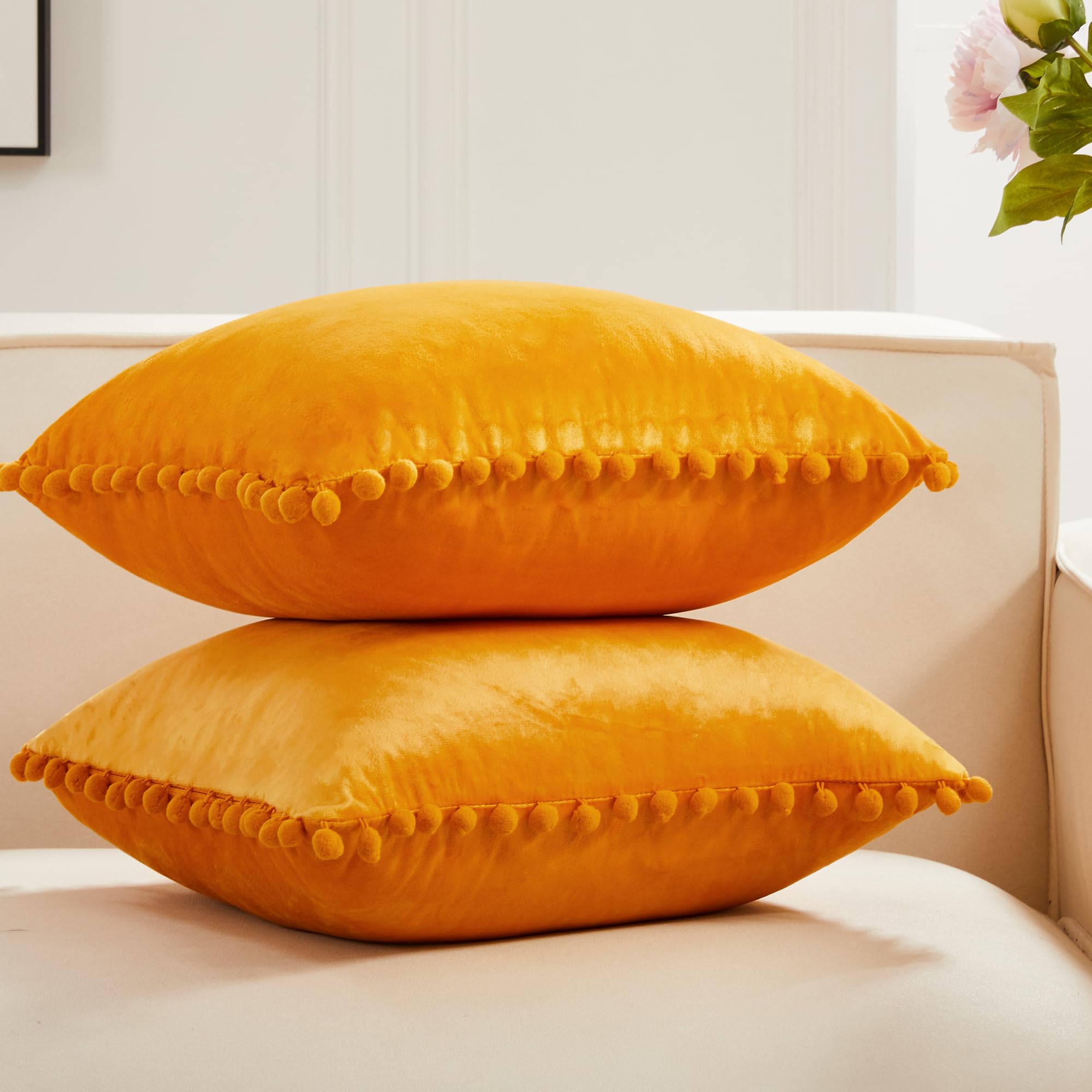 Velvet Throw Pillow Covers with Pom-Poms, 26x26 Inch