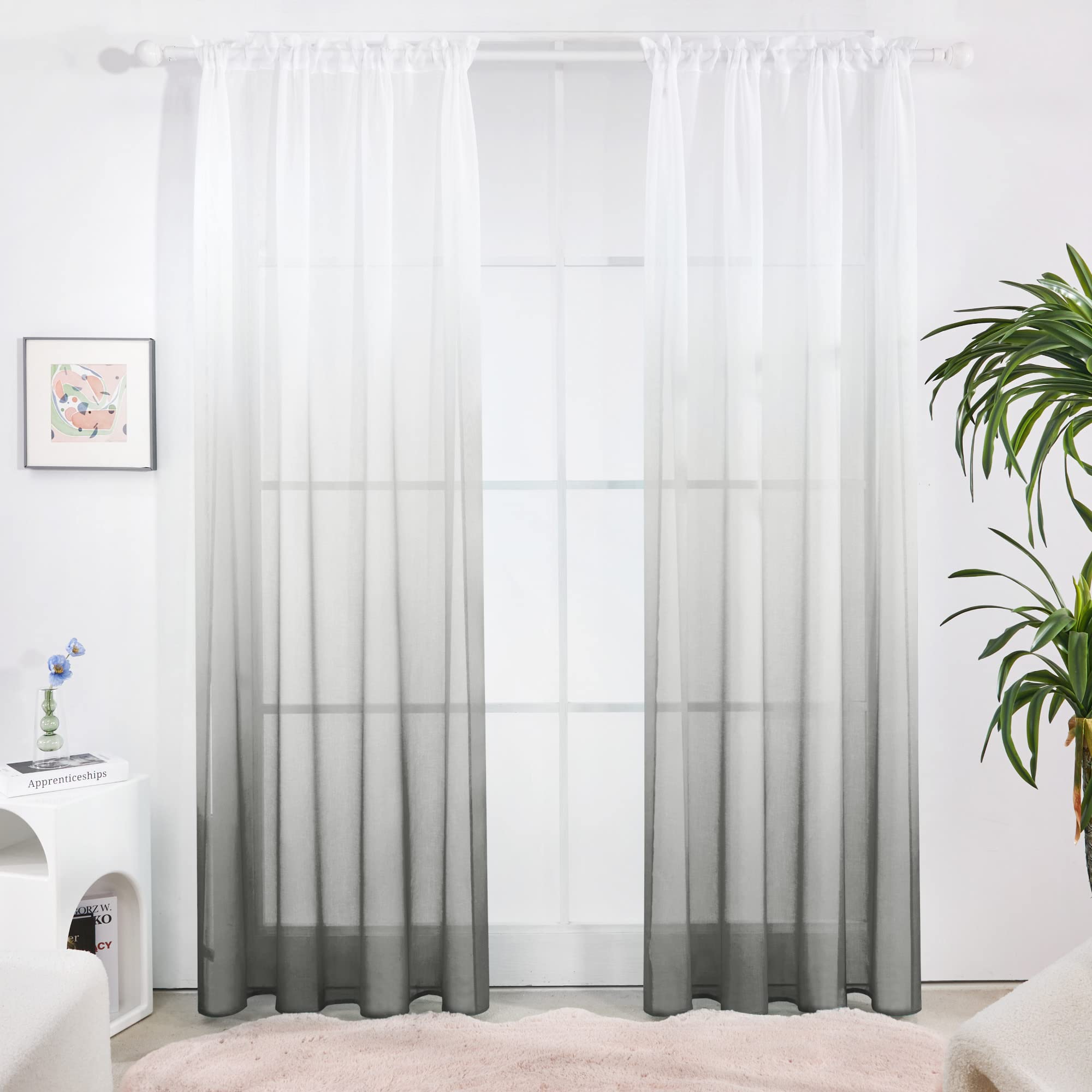 Ombre Sheer Voile Curtains, Rod Pocket, Light Grey
