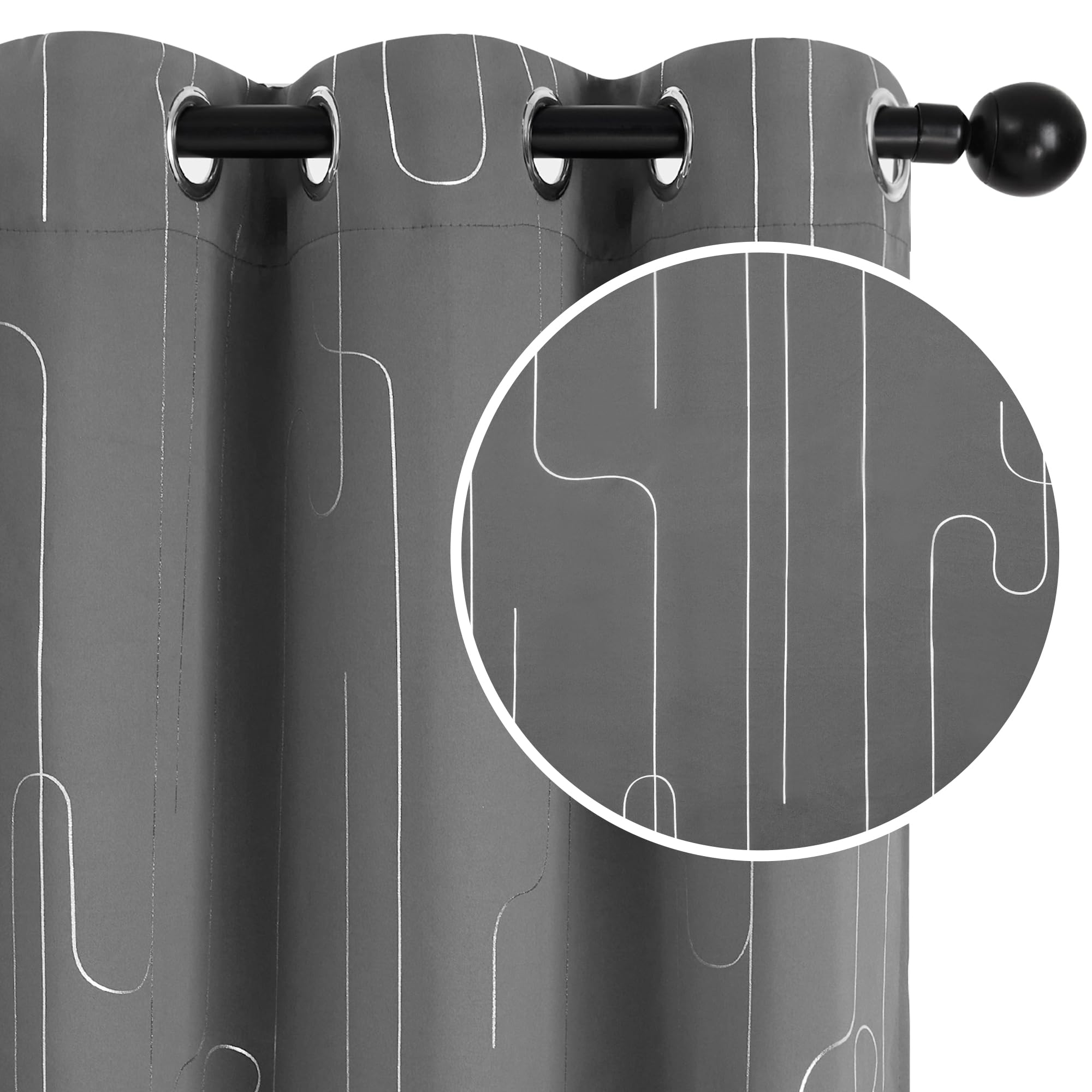 Room Darkening Curtains with Line Foil Print, Navy Blue, 2 Panels