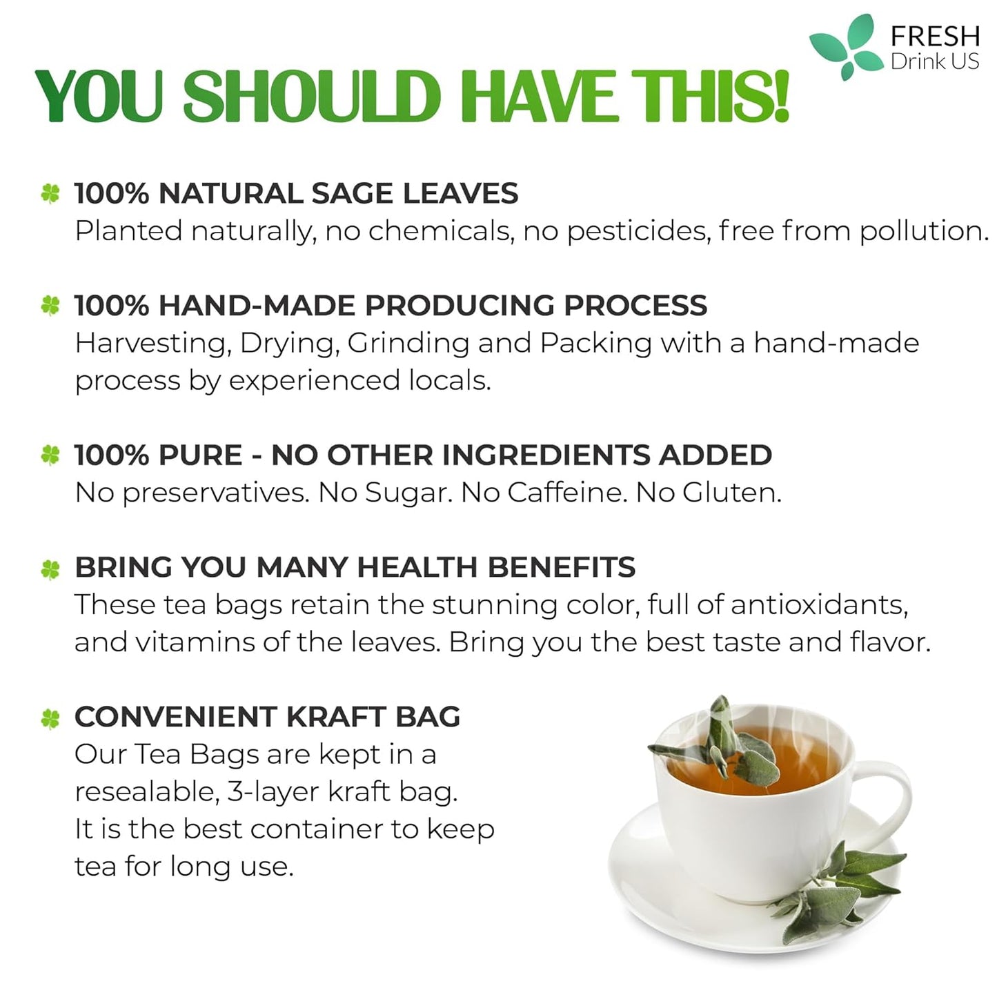 Sage Leaf Tea Bags, 100% Natural & Pure from Sage Leaves. Loose Leaf Sage Herbal Tea. Sage Leaf Tea. Made with Natural Material Tea Bags. No Sugar, No Caffeine, No Gluten, Vegan.