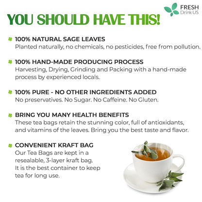 Sage Leaf Tea Bags, 100% Natural & Pure from Sage Leaves. Loose Leaf Sage Herbal Tea. Sage Leaf Tea. Made with Natural Material Tea Bags. No Sugar, No Caffeine, No Gluten, Vegan.