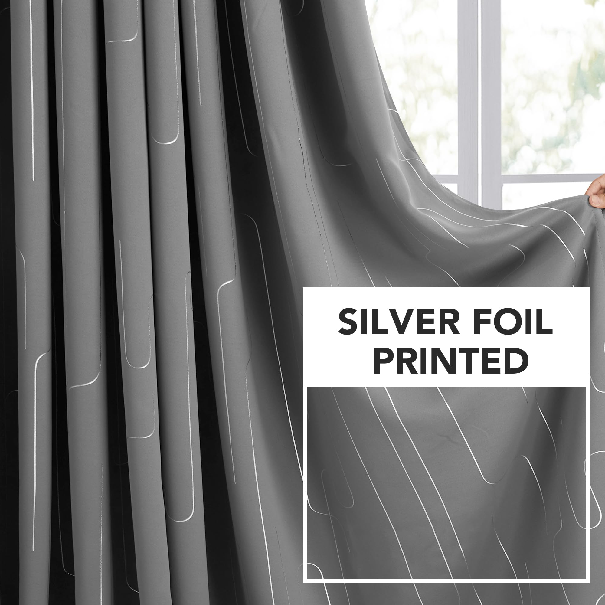 Room Darkening Curtains with Line Foil Print, Navy Blue, 2 Panels