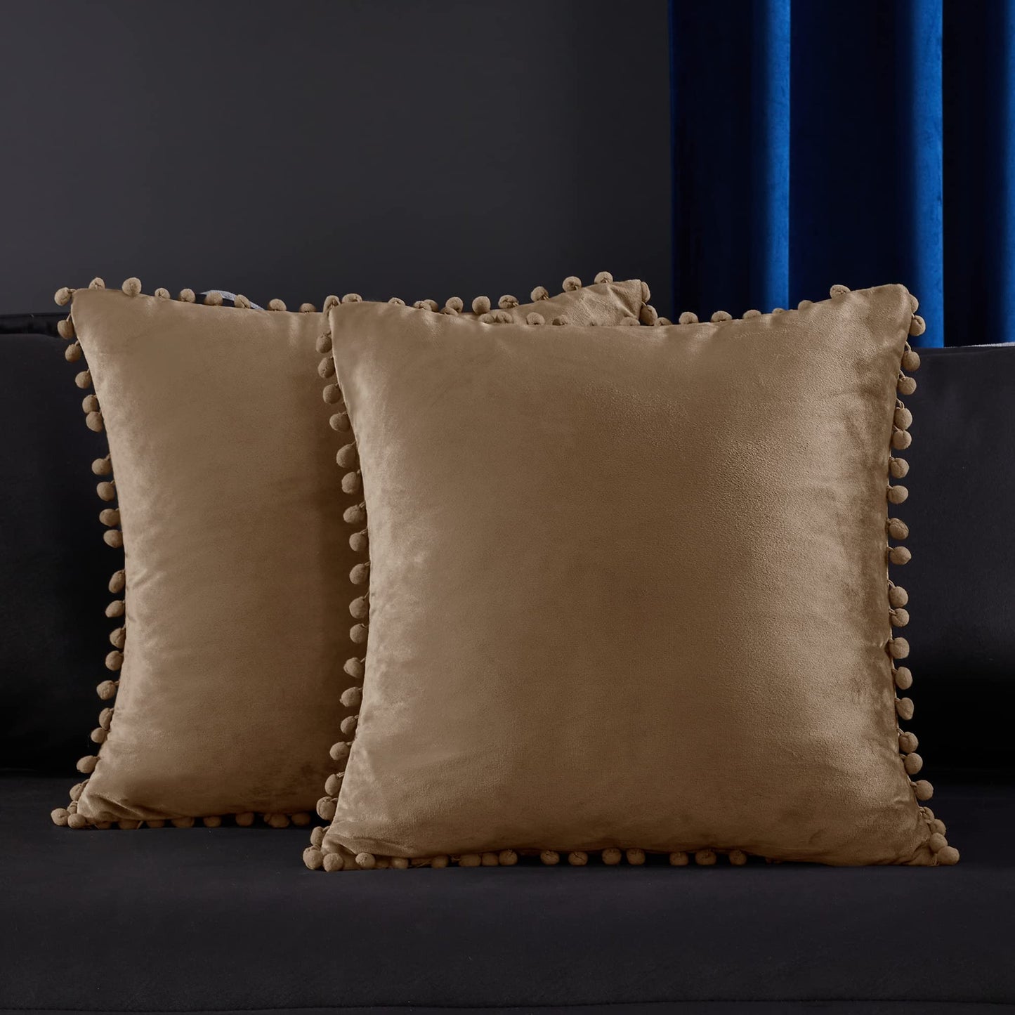 Velvet Throw Pillow Covers with Pom-Poms, 26x26 Inch